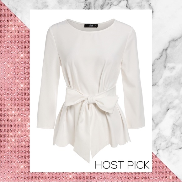 Tops - WHITE SASH TIE WAIST SCALLOP HEM TOP SZ S